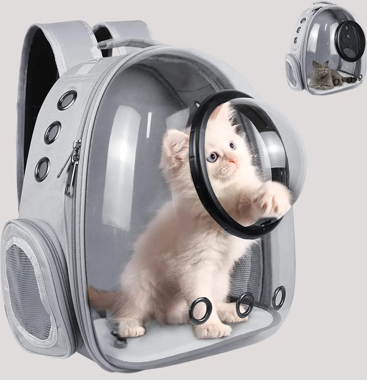Grey Pet Space Capsule Backpack – Transparent, Breathable Pet Carrier Petspalz