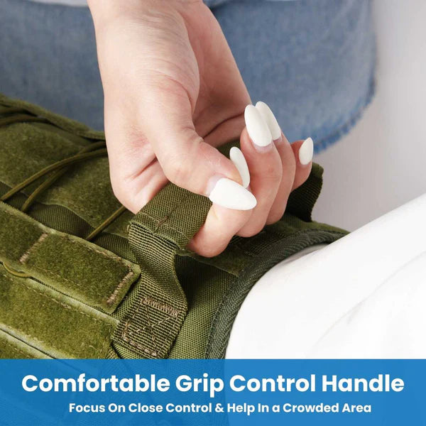 Hand holding a green tactical vest with text about a comfortable grip control handle.