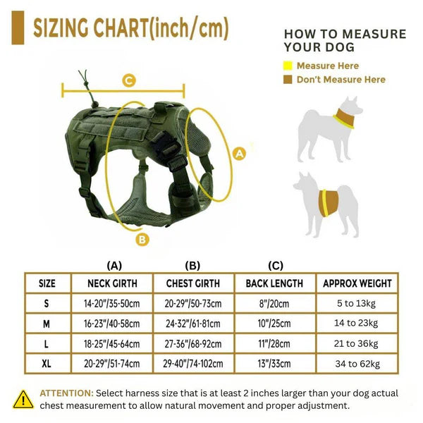 Dog harness sizing chart with measurement guide and size chart