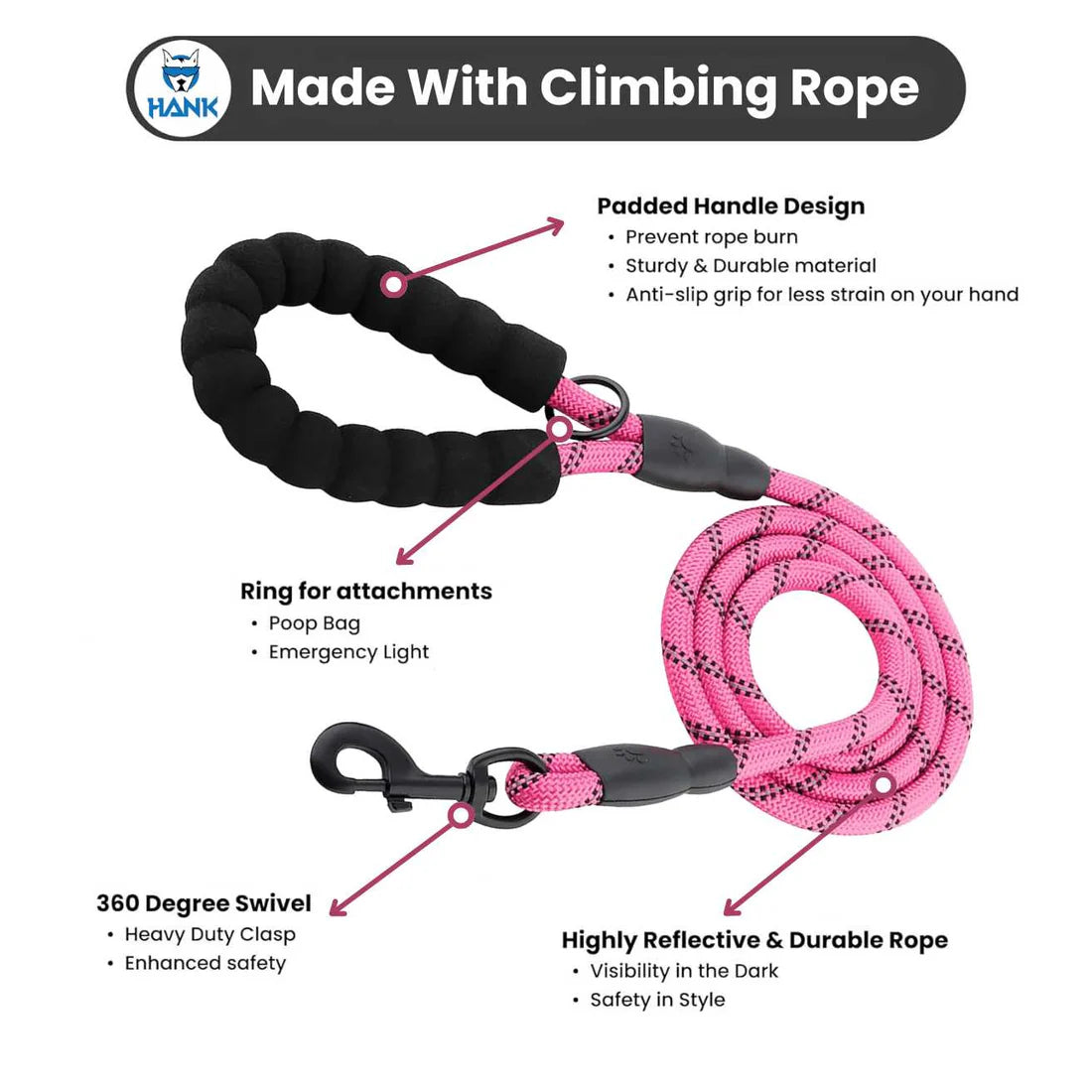 Dog leash with climbing rope features and specifications on a white background
