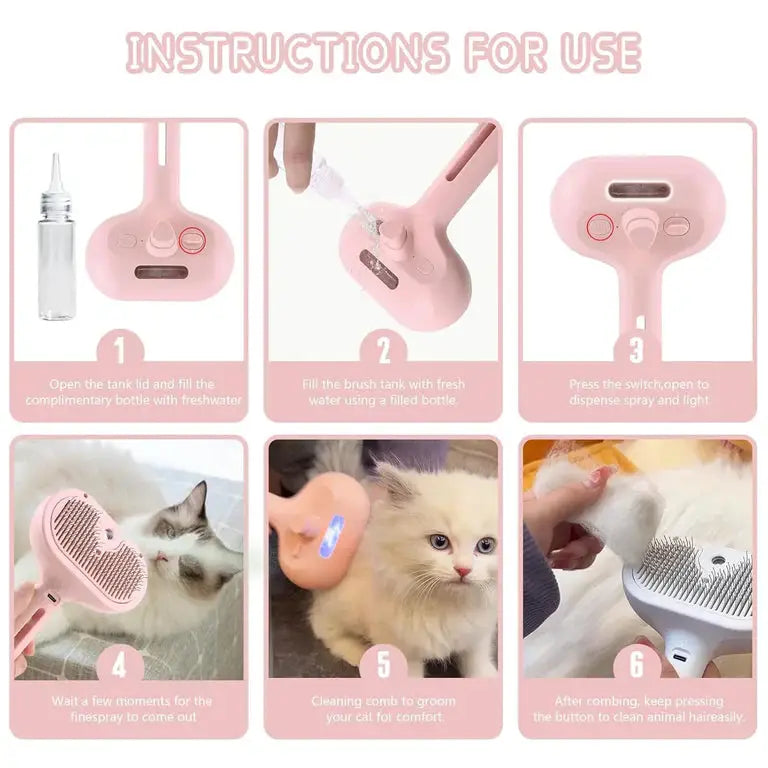 Hydro Brush - Spray Pet Comb for Dogs and Cats with integrated water spray, USB charging, and ergonomic design for easy grooming usage images.