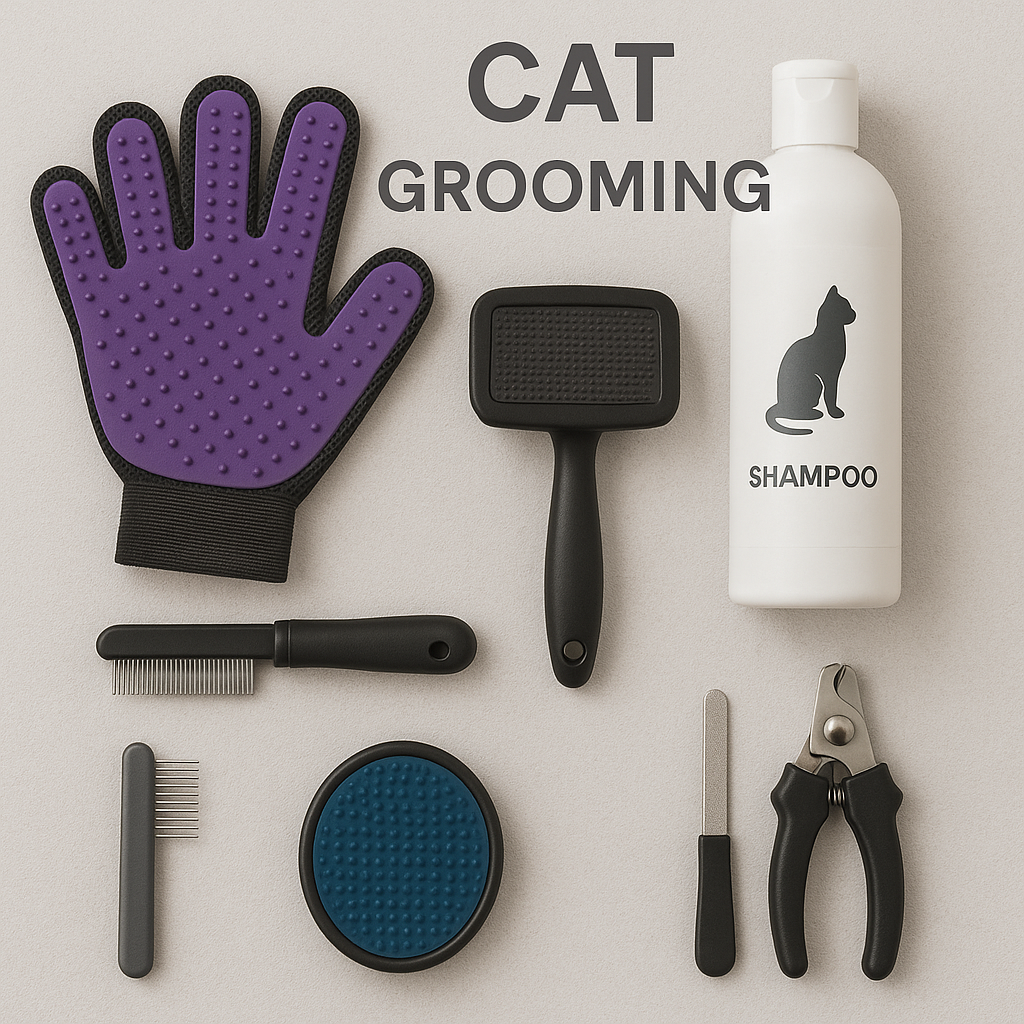 Essential cat grooming tools including brush, shampoo, and clippers.