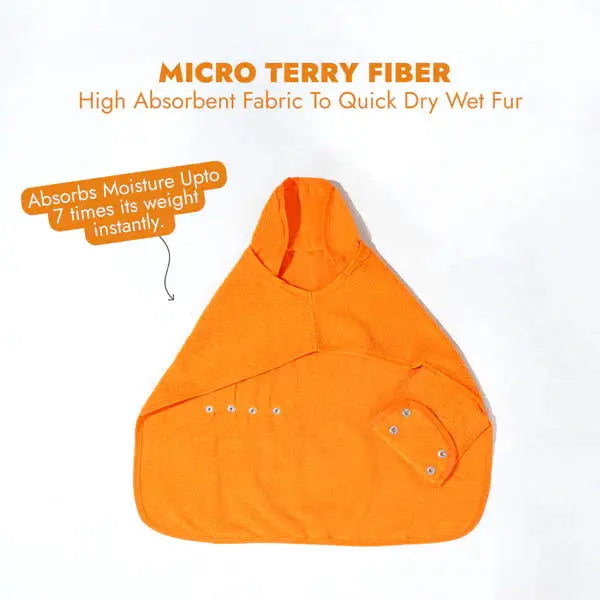 Lightweight Turbo Dry Bathrobe for Dogs in orange micro terry fiber, super absorbent and quick-drying for wet fur after baths.