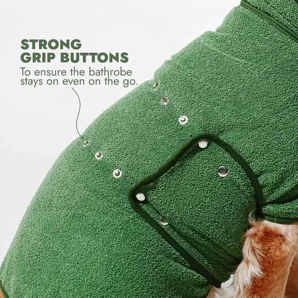 Lightweight Turbo Dry Bathrobe for Dogs in green with snap buttons, highlighting benefits like quick-drying, odor elimination, and fur care.