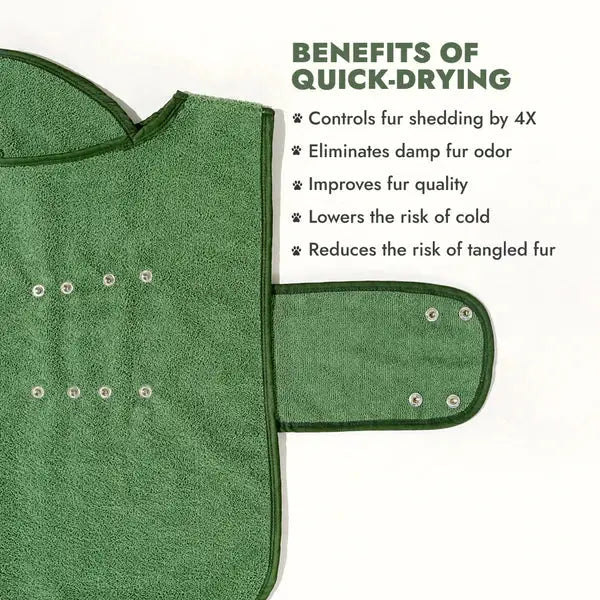 Close-up of Lightweight Turbo Dry Bathrobe For Dogs in green showing strong grip buttons for secure fit. Ideal pet apparel for post-bath comfort.