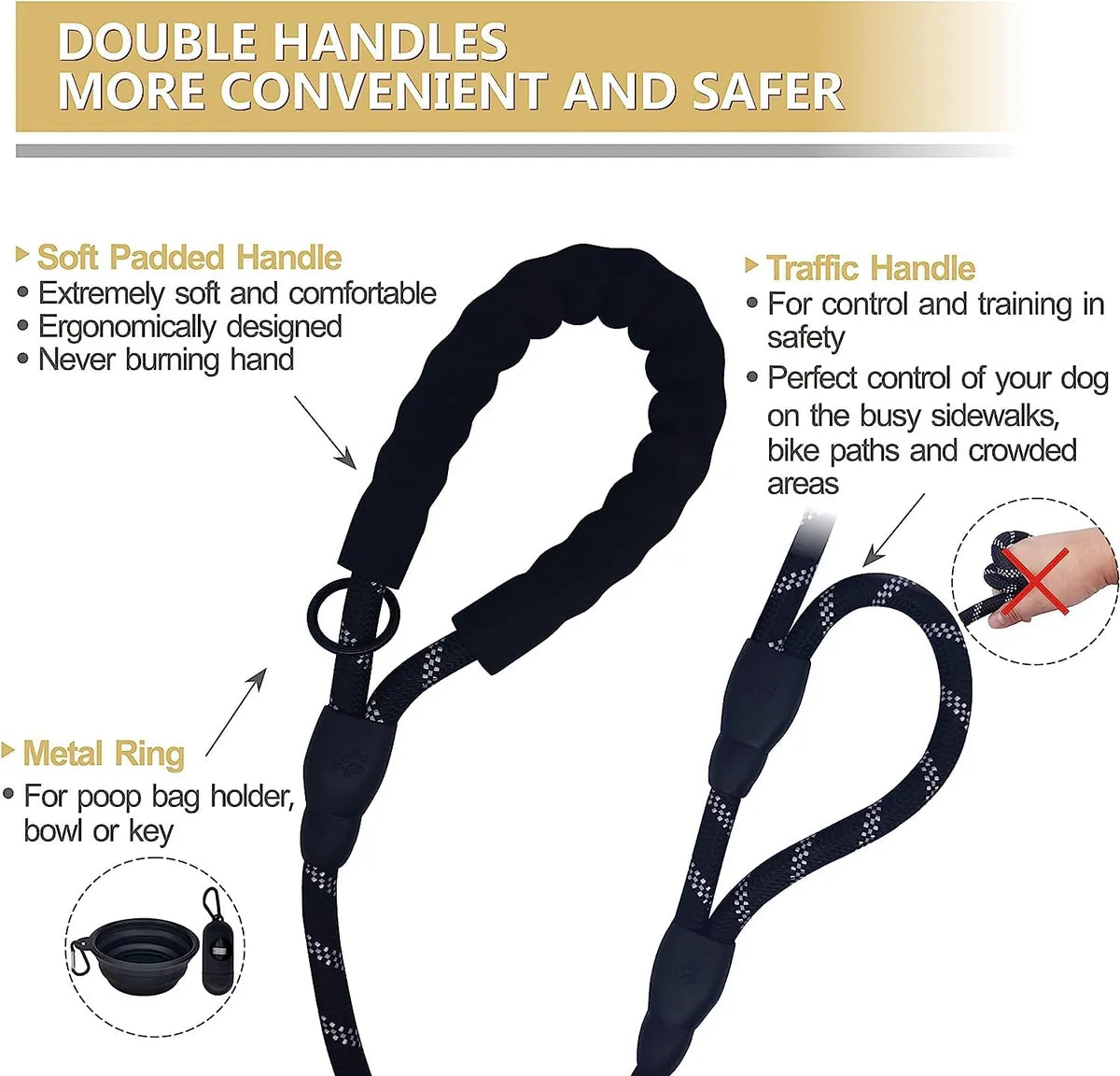  Black 5Ft Strong Dog Leash – Padded Handle & Reflective Threads Petspalz