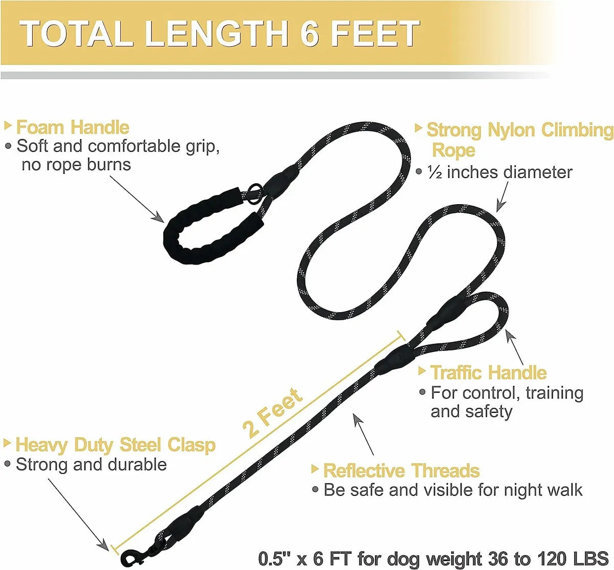  Black 5Ft Strong Dog Leash – Padded Handle & Reflective Threads Petspalz