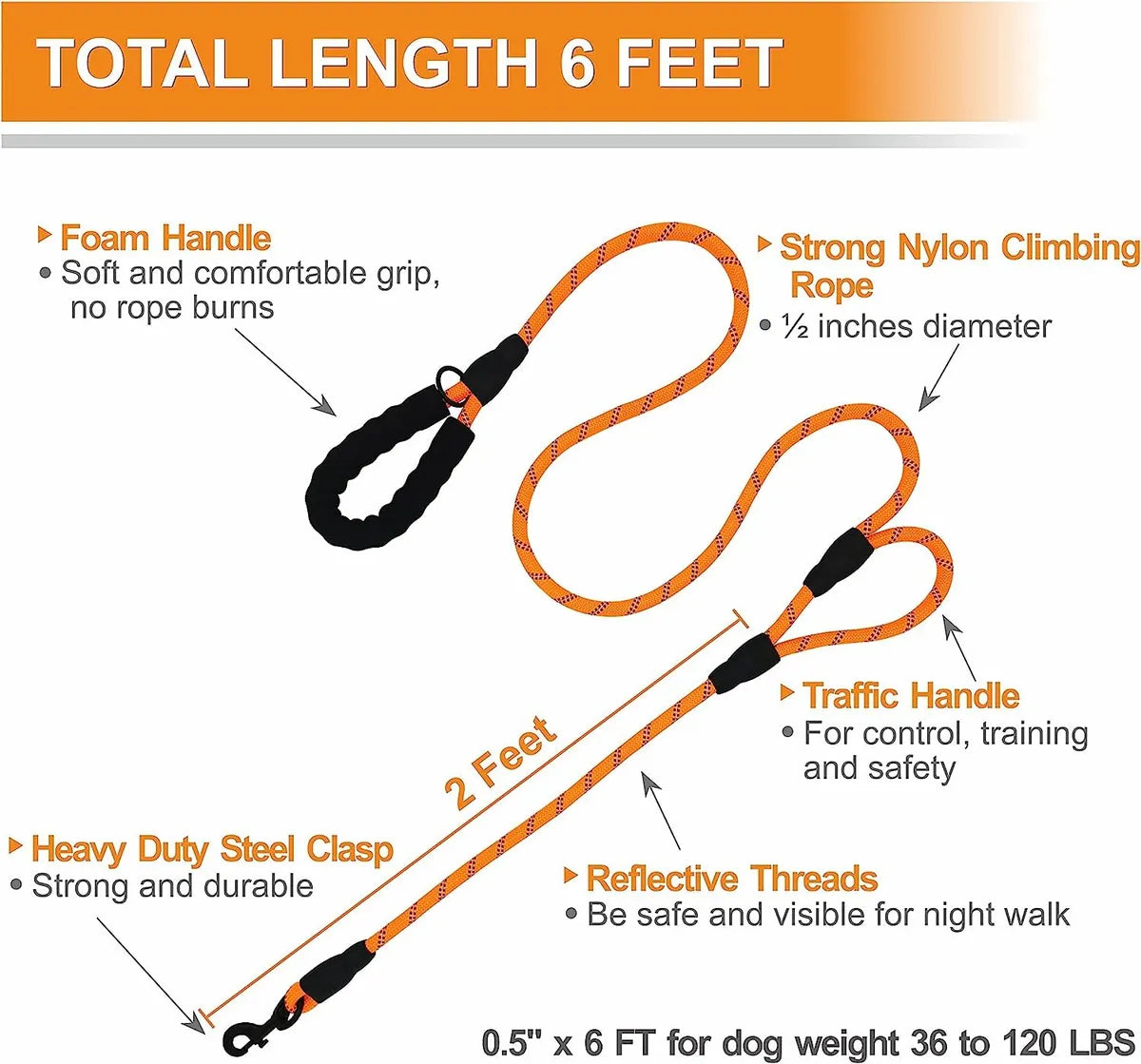  Black 5Ft Strong Dog Leash – Padded Handle & Reflective Threads Petspalz