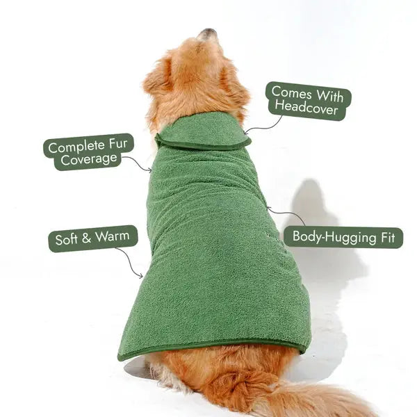 Lightweight Turbo Dry Bathrobe for Dogs in green with head cover, soft and warm fabric, body-hugging fit, and full fur coverage.