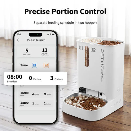 YumShare Dual Hopper Smart Pet Automatic Feeder with Camera Pet food dispenser with smartphone app for precise portion control.