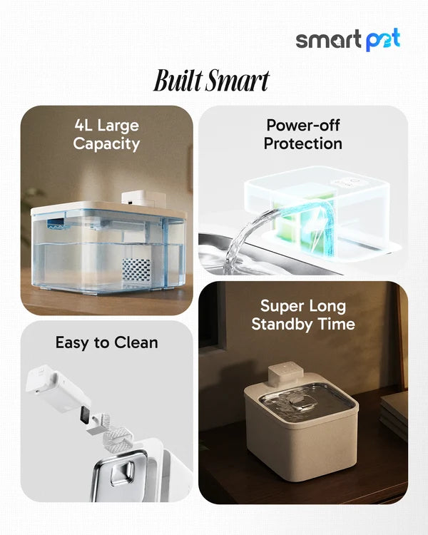 Companion Flow 4L pet water fountain showing its reservoir, power-off protection and removable cleaning components
