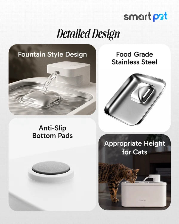 Companion Flow fountain showing its stainless steel drinking tray, water spout and anti-slip bottom pads