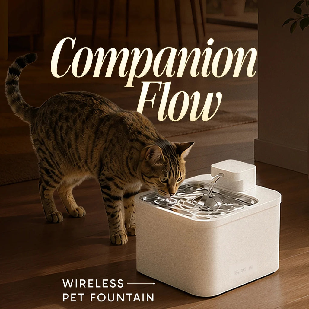 Tabby cat drinking flowing water from a white Companion Flow pet fountain with a metal drinking tray