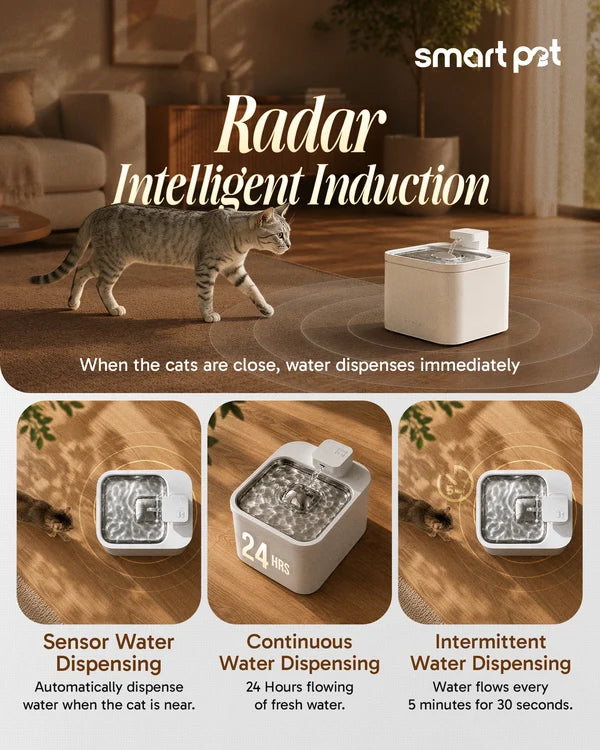 Cat approaching a Companion Flow sensor water fountain, with diagrams of three water dispensing modes