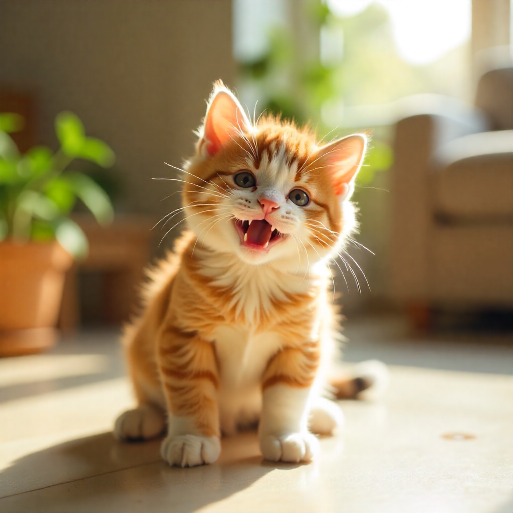 Cute orange and white kitten sitting on a wooden floor with a blurred background : petspalz 