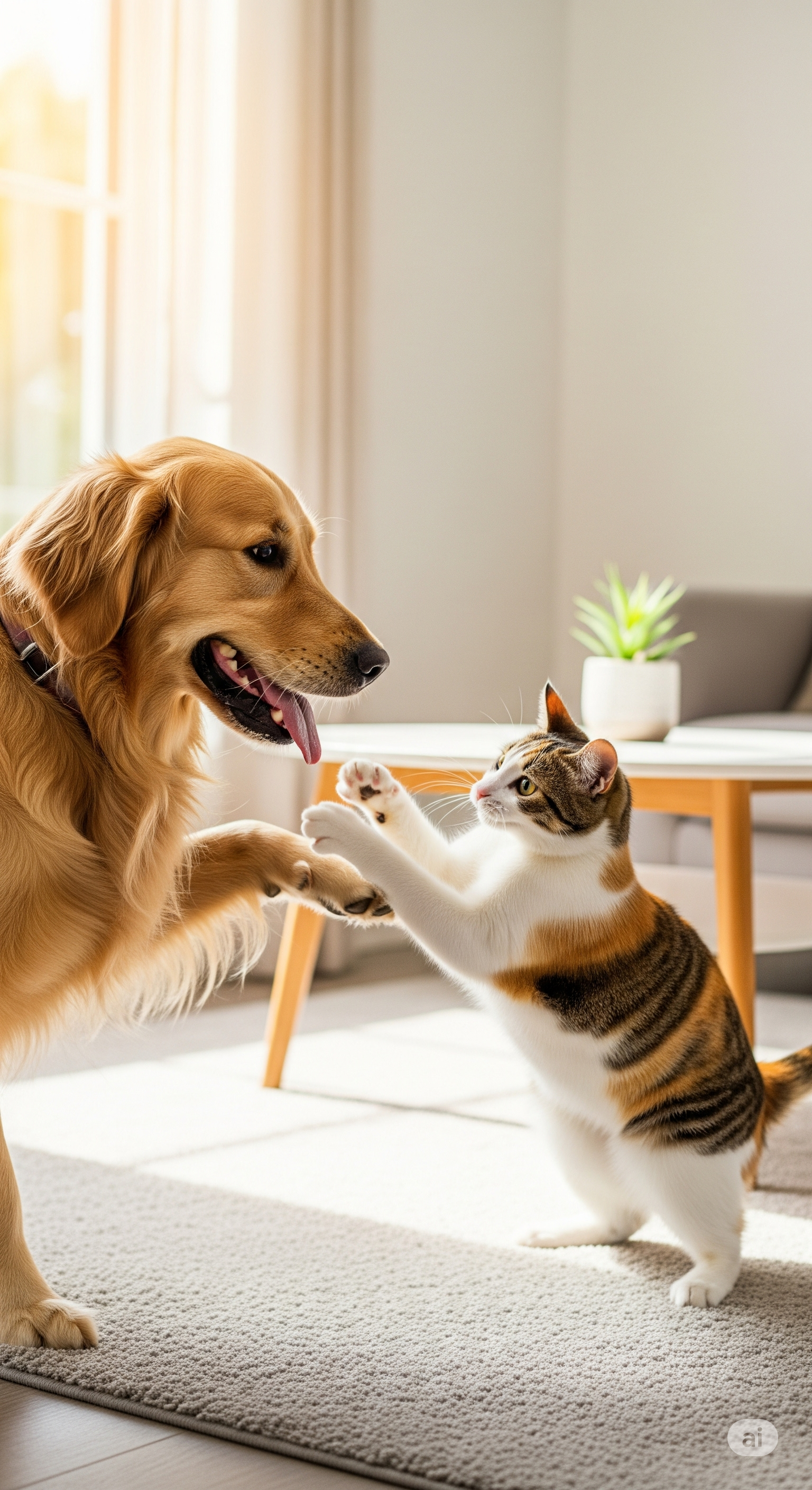 Dog and cat giving each other a high-five in a living room.