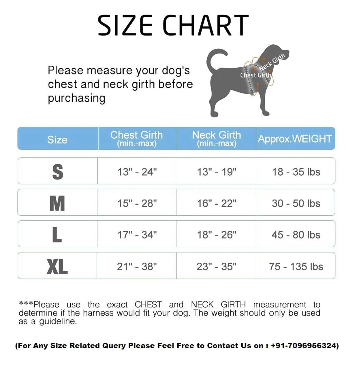 Dog size chart for measuring chest and neck girth with corresponding weight ranges. Green No-Pull Dog Harness – Reflective Oxford Pet Vest for Outdoor Safety