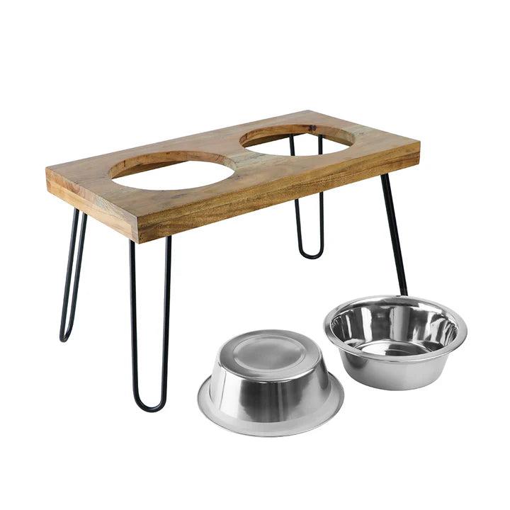  elevated dog bowl set Acacia Wooden Double Diner For Pets Petspalz