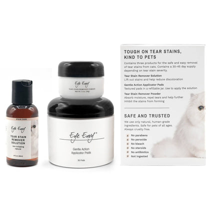 ye Envy Tear Stain Remover Starter Kit for Cats includes powder, pads, and solution for grooming Persians, Himalayas, and Exotic Shorthairs. Kits Products label image with products 