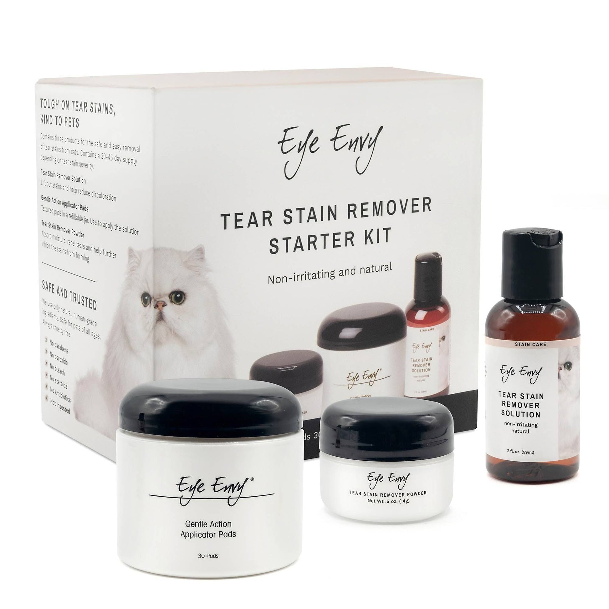 ye Envy Tear Stain Remover Starter Kit for Cats includes powder, pads, and solution for grooming Persians, Himalayas, and Exotic Shorthairs.  Whole Kit with Products image 