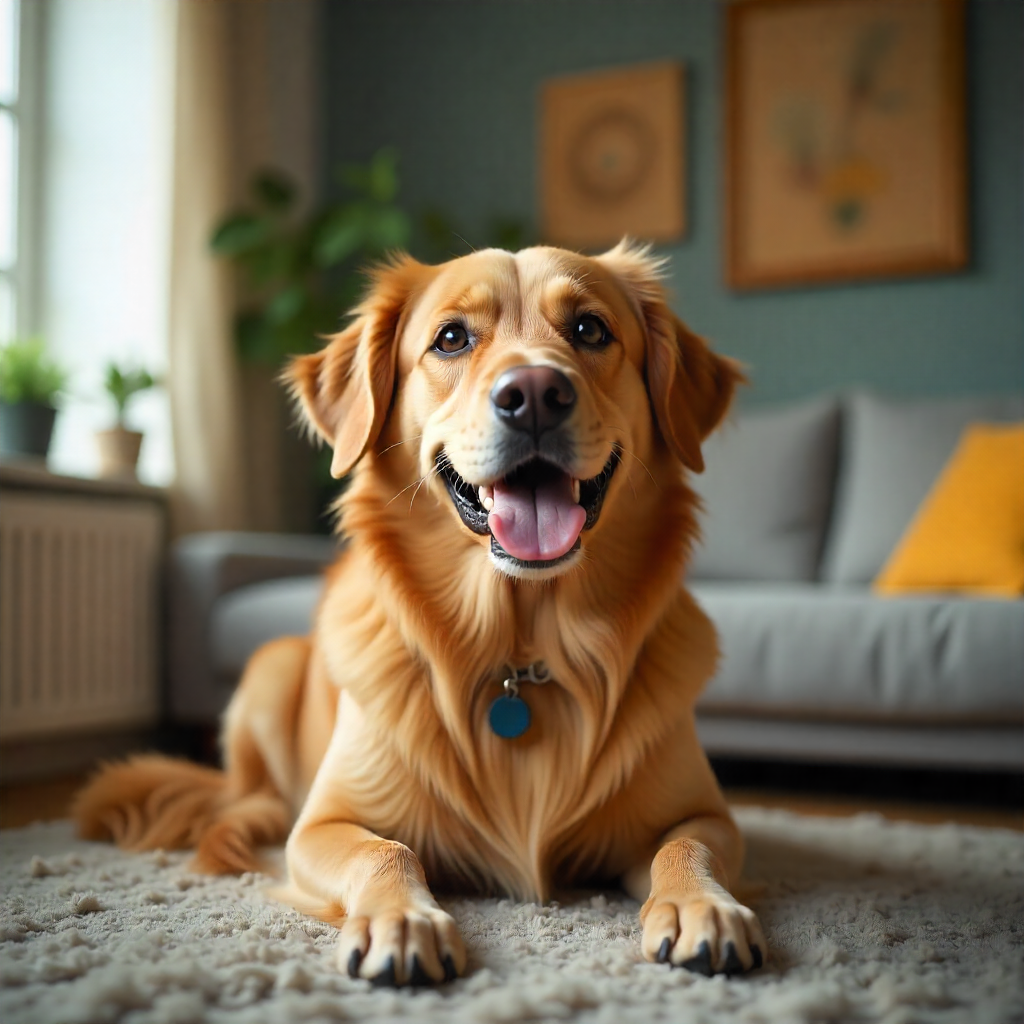 Happy golden retriever dog sitting on a carpet in a cozy living room.