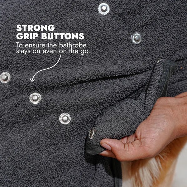 Lightweight Turbo Dry Bathrobe for Dogs in grey, designed for quick drying and comfort after baths. Ideal pet apparel for mess-free homes.