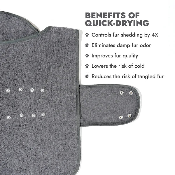 Lightweight Turbo Dry Bathrobe for Dogs in grey, designed for quick drying and comfort after baths. Ideal pet apparel for mess-free homes.