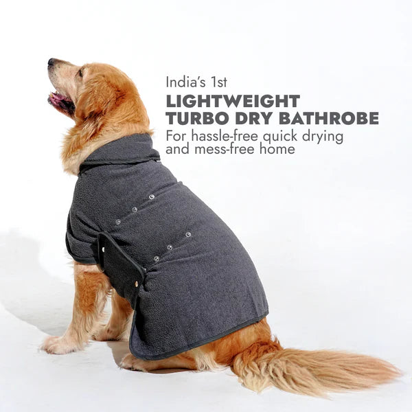 Lightweight Turbo Dry Bathrobe for Dogs in grey, designed for quick drying and comfort after baths. Ideal pet apparel for mess-free homes.
