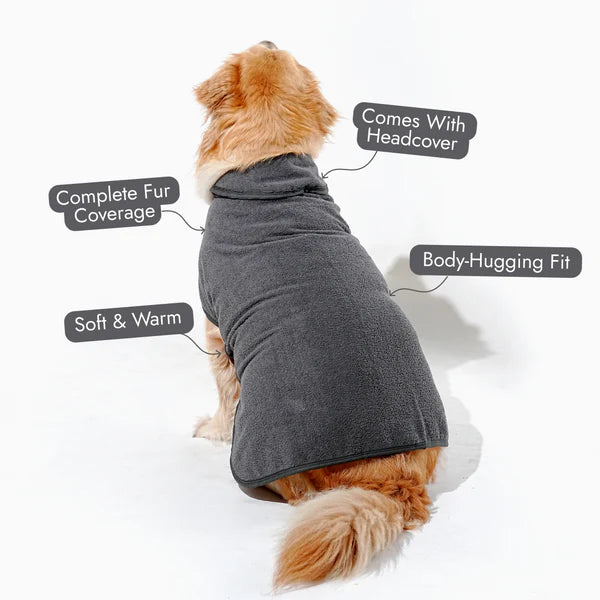 Lightweight Turbo Dry Bathrobe for Dogs in grey, designed for quick drying and comfort after baths. Ideal pet apparel for mess-free homes.
