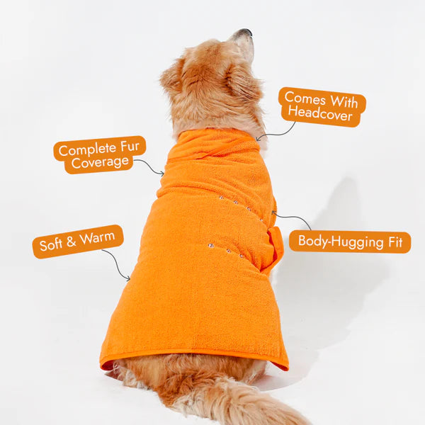 Lightweight Turbo Dry Bathrobe for Dogs in orange, designed for quick drying and comfort after baths. Ideal pet apparel for mess-free homes.