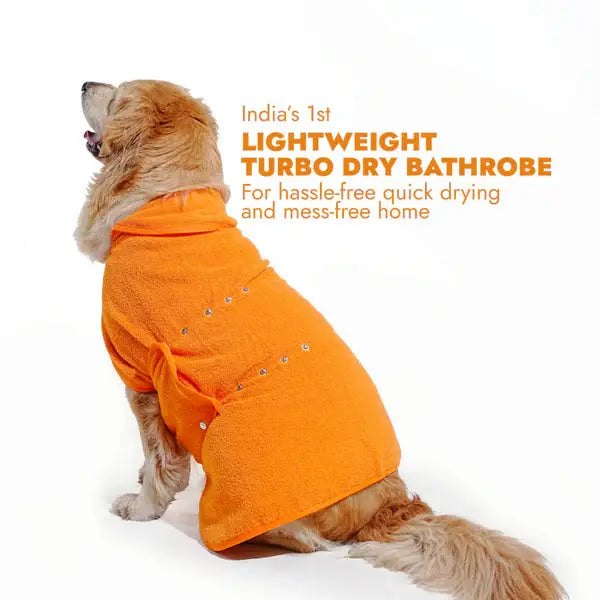 Lightweight Turbo Dry Bathrobe for Dogs in orange, designed for quick drying and comfort after baths. Ideal pet apparel for mess-free homes.