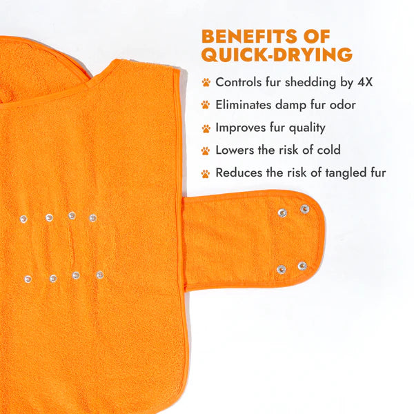 Lightweight Turbo Dry Bathrobe for Dogs in orange, designed for quick drying and comfort after baths. Ideal pet apparel for mess-free homes.