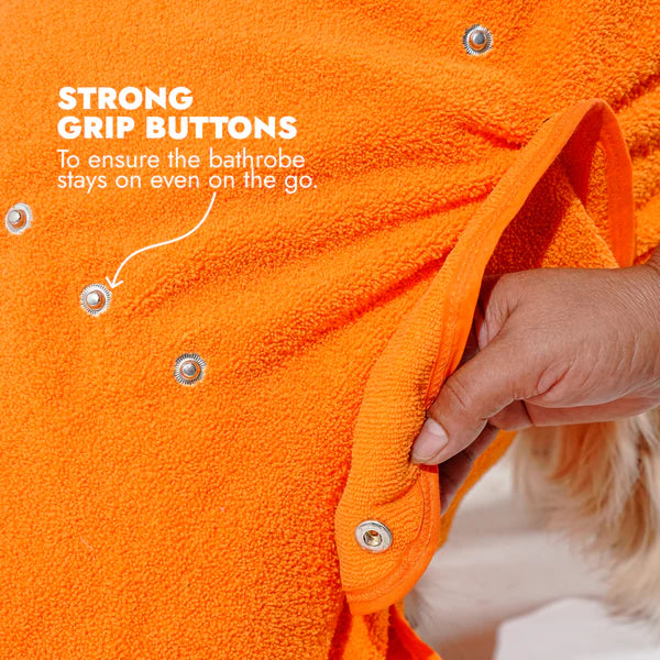 Lightweight Turbo Dry Bathrobe for Dogs in orange, designed for quick drying and comfort after baths. Ideal pet apparel for mess-free homes.