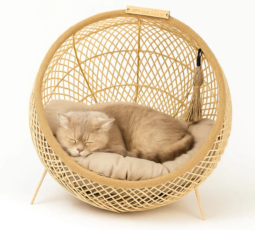 Handmade Wooden Cane Pet Bed with Cushion & Toy – 18x18 for Cats & Small Dogs