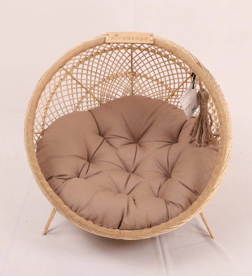 Handmade Wooden Cane Pet Bed with Cushion & Toy – 18x18 for Cats & Small Dogs