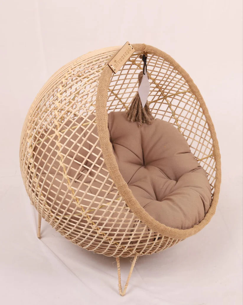 Handmade Wooden Cane Pet Bed with Cushion & Toy – 18x18 for Cats & Small Dogs