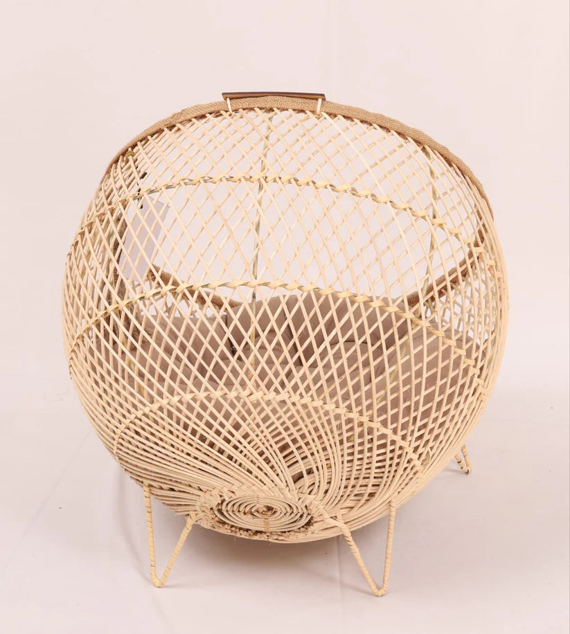 Handmade Wooden Cane Pet Bed with Cushion & Toy – 18x18 for Cats & Small Dogs