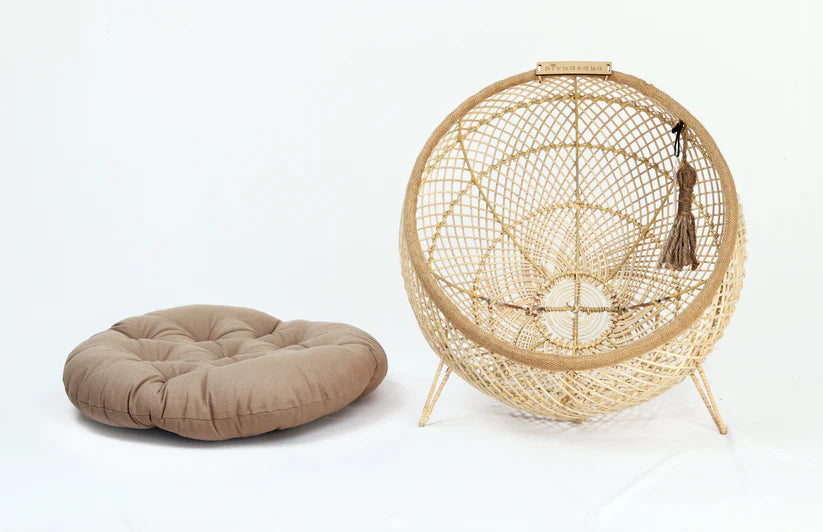 Handmade Wooden Cane Pet Bed with Cushion & Toy – 18x18 for Cats & Small Dogs