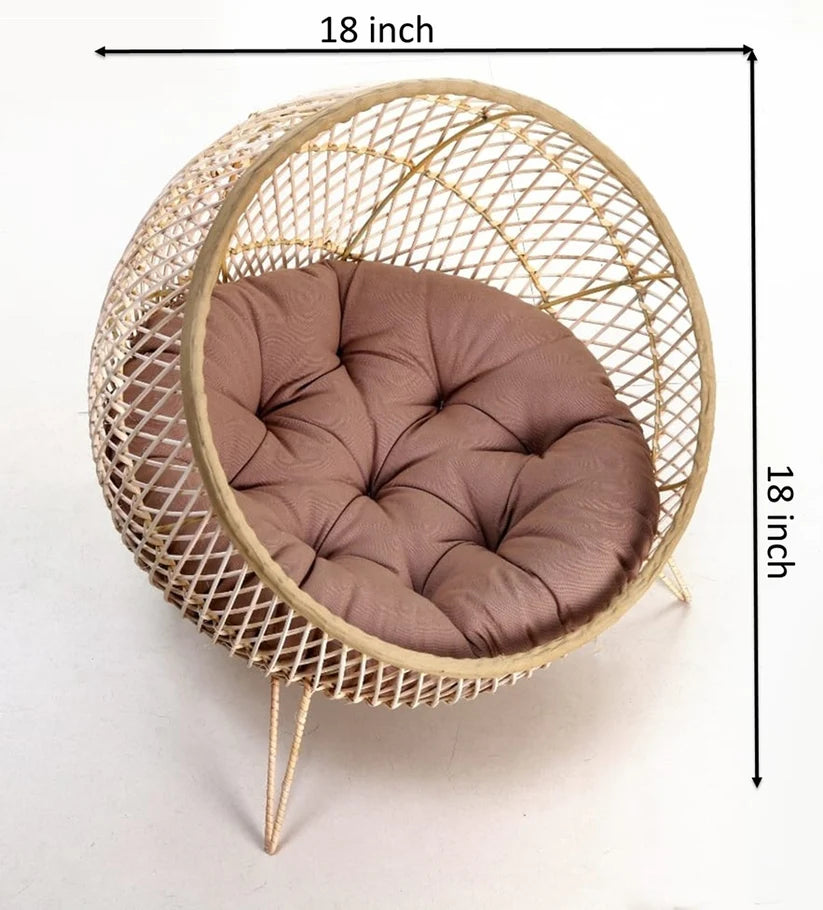 Handmade Wooden Cane Pet Bed with Cushion & Toy – 18x18 for Cats & Small Dogs