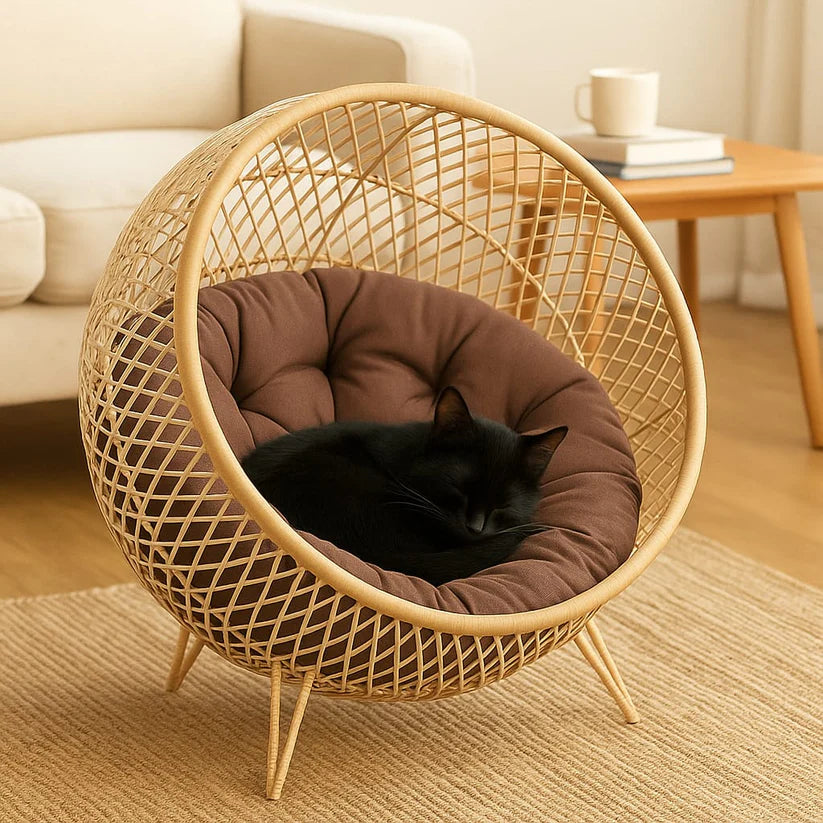 Handmade Wooden Cane Pet Bed with Cushion & Toy – 18x18 for Cats & Small Dogs