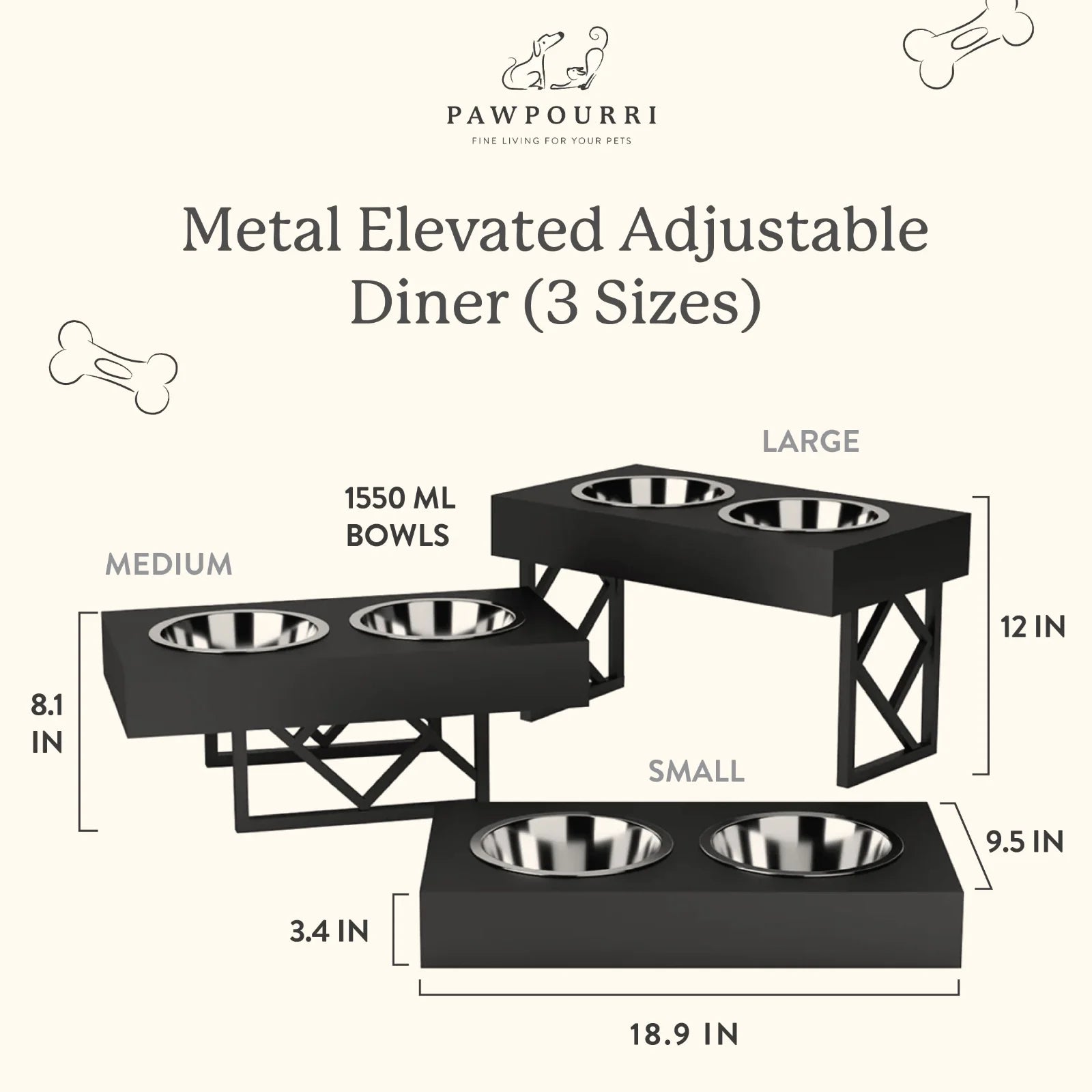 Metal Elevated dog bowls Adjustable Diner for Dogs (3 Sizes) Petspalz