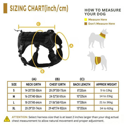 Dog harness sizing chart with measurement guide and size chart.