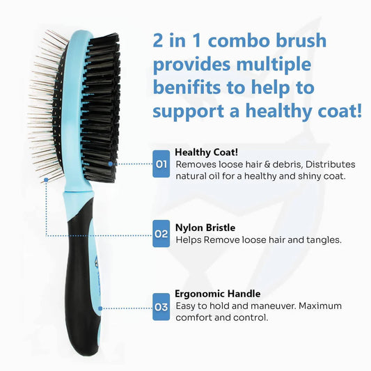 2-in-1 combo brush with text highlighting its benefits on a white background