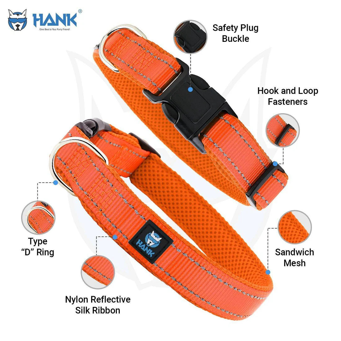 Orange dog collar with labeled features on a white background