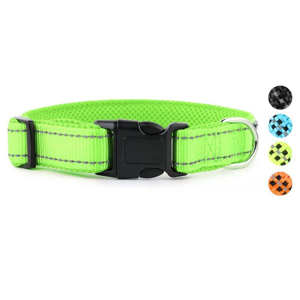 Neon green dog collar with reflective strip and black buckle on a white background