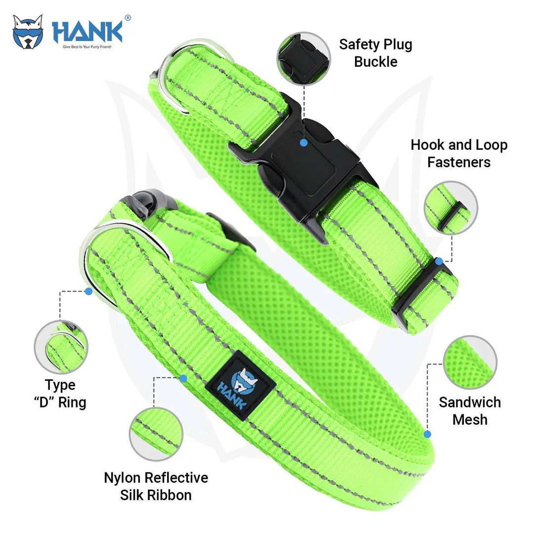 Green dog collar with features labeled on a white background