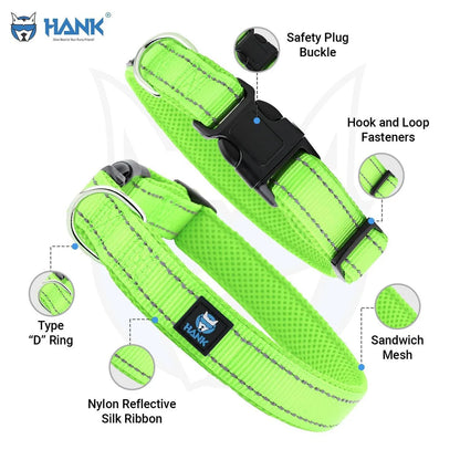 Green dog collar with features labeled on a white background