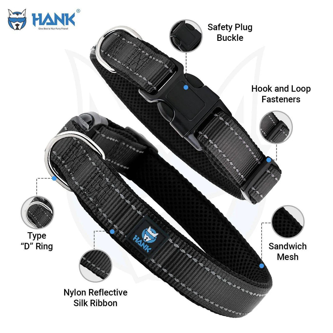 Black dog collar with labeled features on a white background
