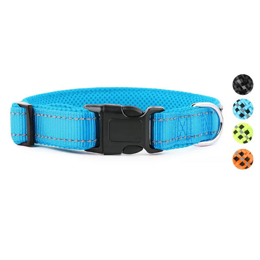 Cyan blue Reflective Adjustable Dog Collar for Night Safety