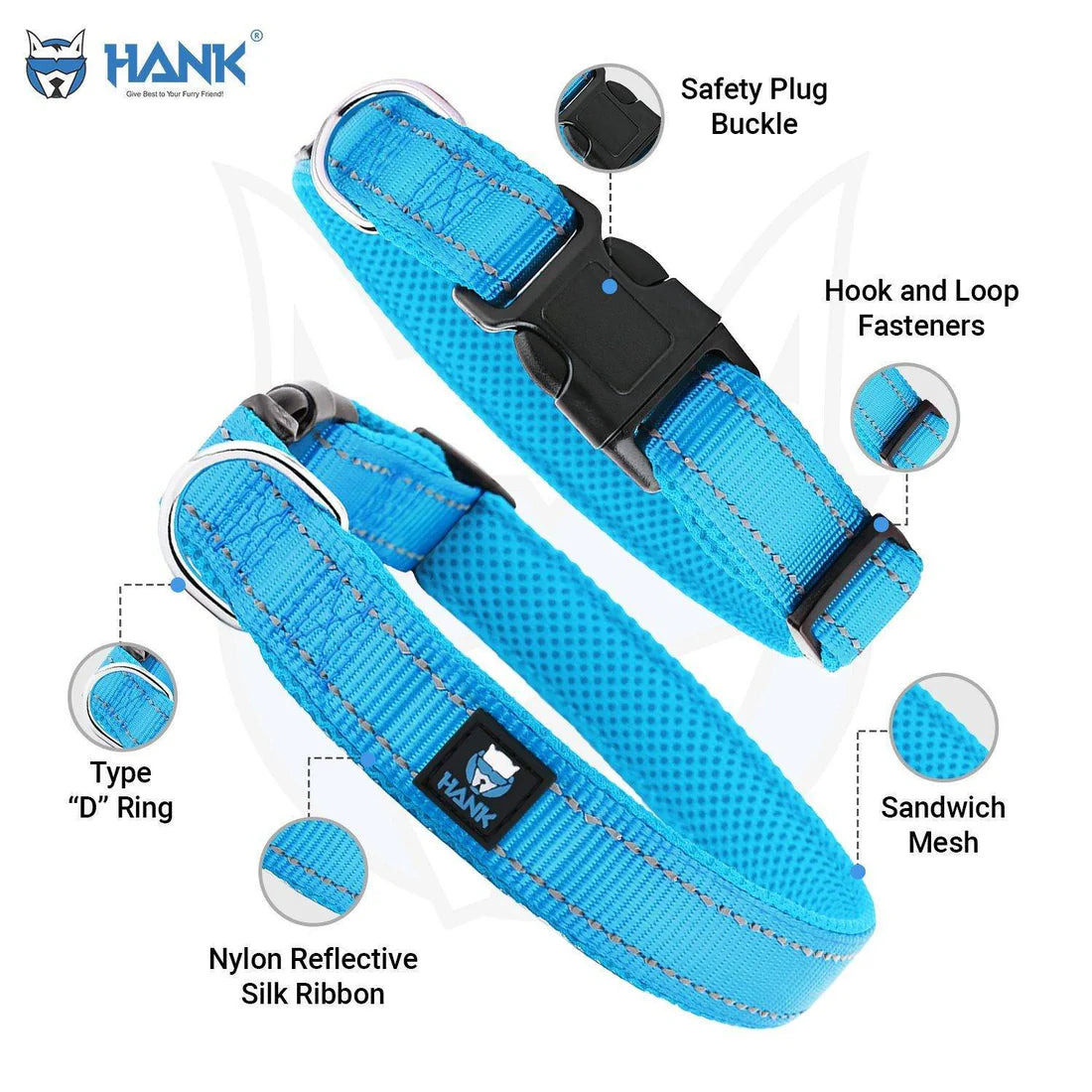 Blue dog collar with features highlighted on a white background